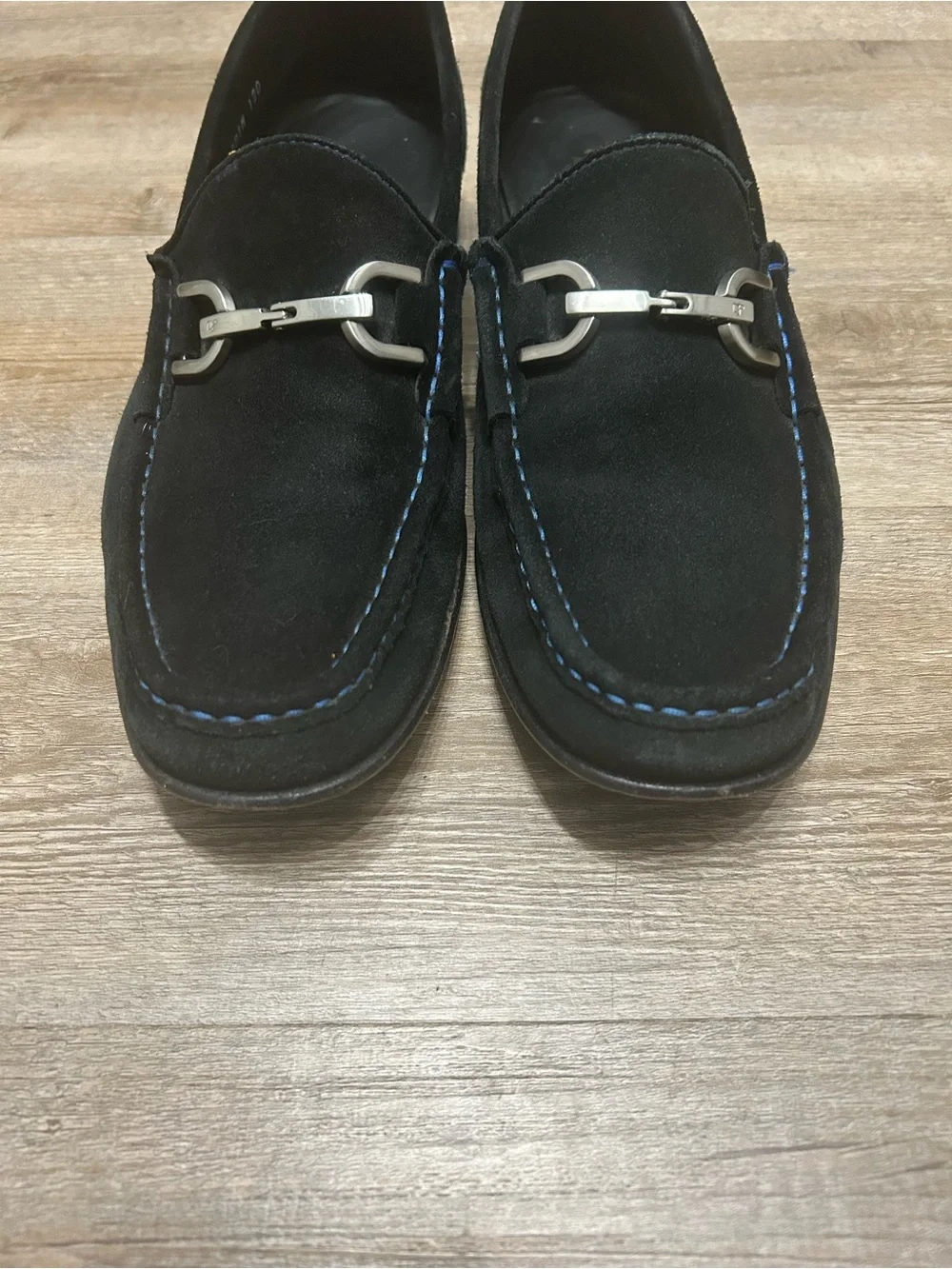 Donald J. Pliner Men’s Size 11 Black Suede Blue Stitching Horse Bit Loafer Shoe